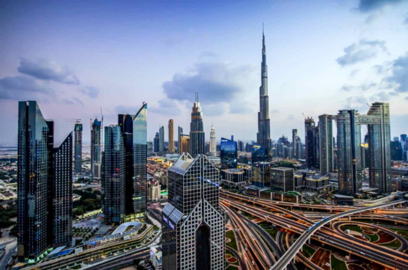 City view of Dubai with many skyscrapers in the United Arab Emirates.
