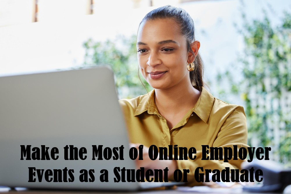 A young smartly-dressed, smiling female university student sitting in front of her laptop taking part in an online event.