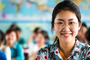 A smiling, young, bespectacled female education intern smiling at the camera in a classroom with children in the blurred background.