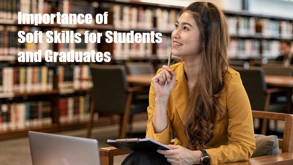 A young female university student is in a library thinking about her soft skills.