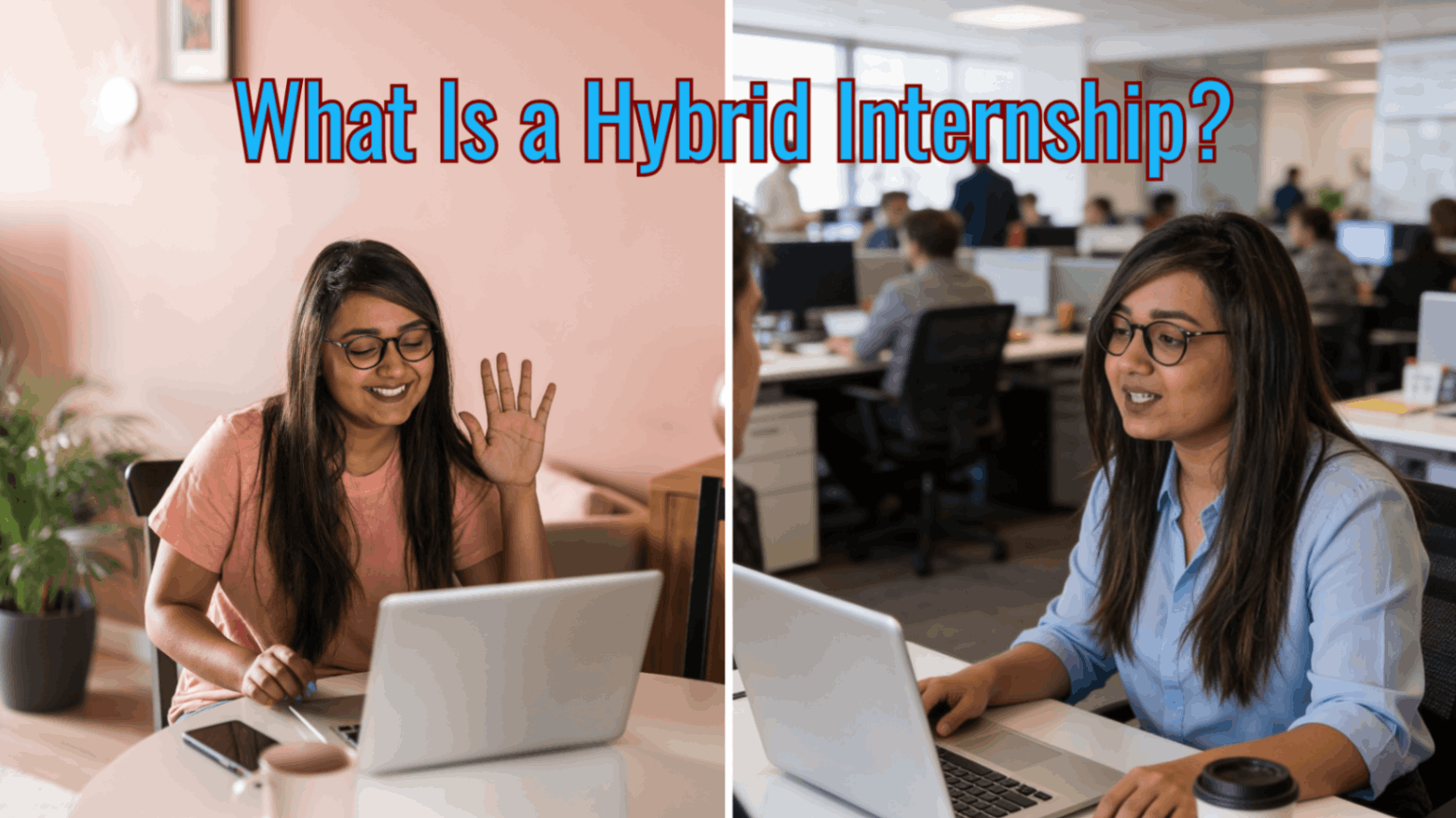 A split-screen image showing the same young woman working in two different settings. On the left, she sits at home working on her laptop. On the right, she works at a desk in an office environment. The image features overlay text that reads "What is a hybrid internship?".