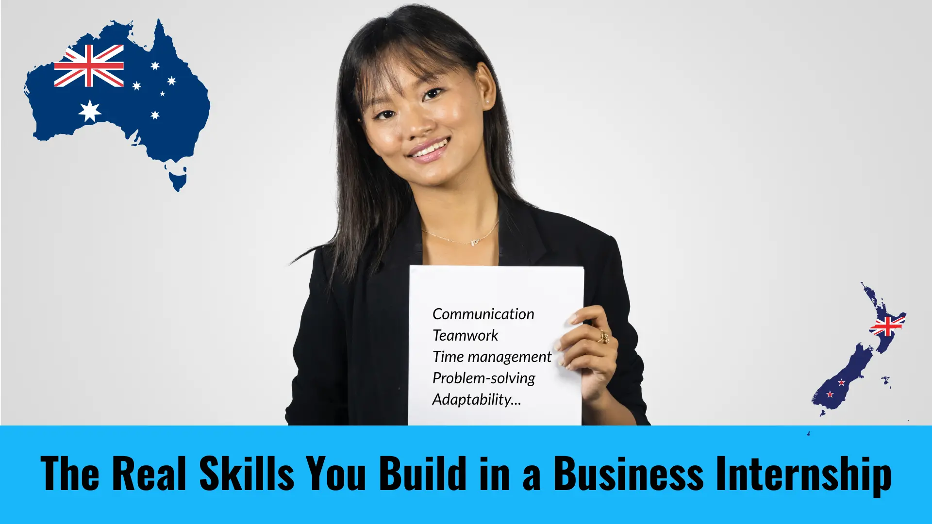 A young, professionally dressed female intern wearing a blouse and a black blazer, is smiling at the camera while holding a sheet of paper in which it’s written a list of transferable skills including communication, teamwork, time management, problem-solving and adaptability.