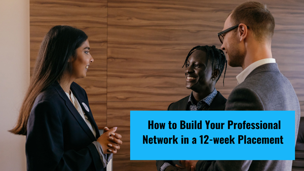 how-to-build-network-as-an-intern A well-dressed female intern is networking and having a career chat with two male colleagues in a workplace.