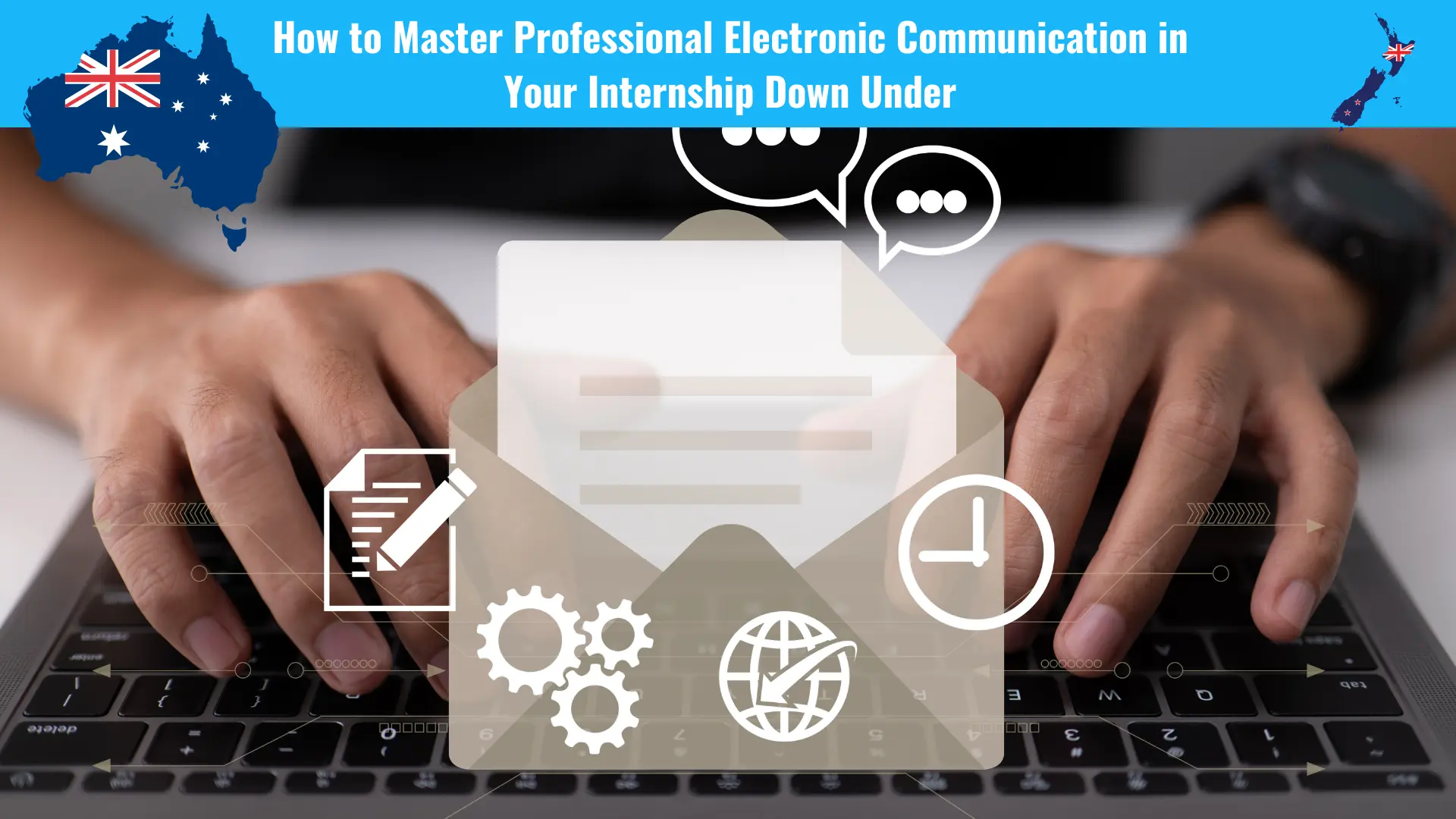 A close-up photo of a smartly dressed male intern’s hands typing on a laptop keyboard, with digital icons for email, chat and communication floating out from the screen to illustrate professional electronic communication.