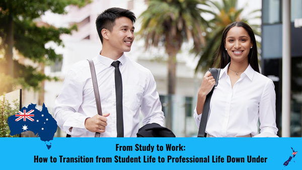 Two young university graduates, a smartly dressed man and a smartly dressed woman, are walking together either to a graduate job interview or a graduate job in Australia or New Zealand.
