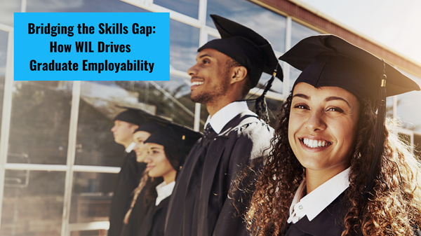 Five young graduates viewed in profile looking ahead, smiling, a young female graduate grins directly at the camera.