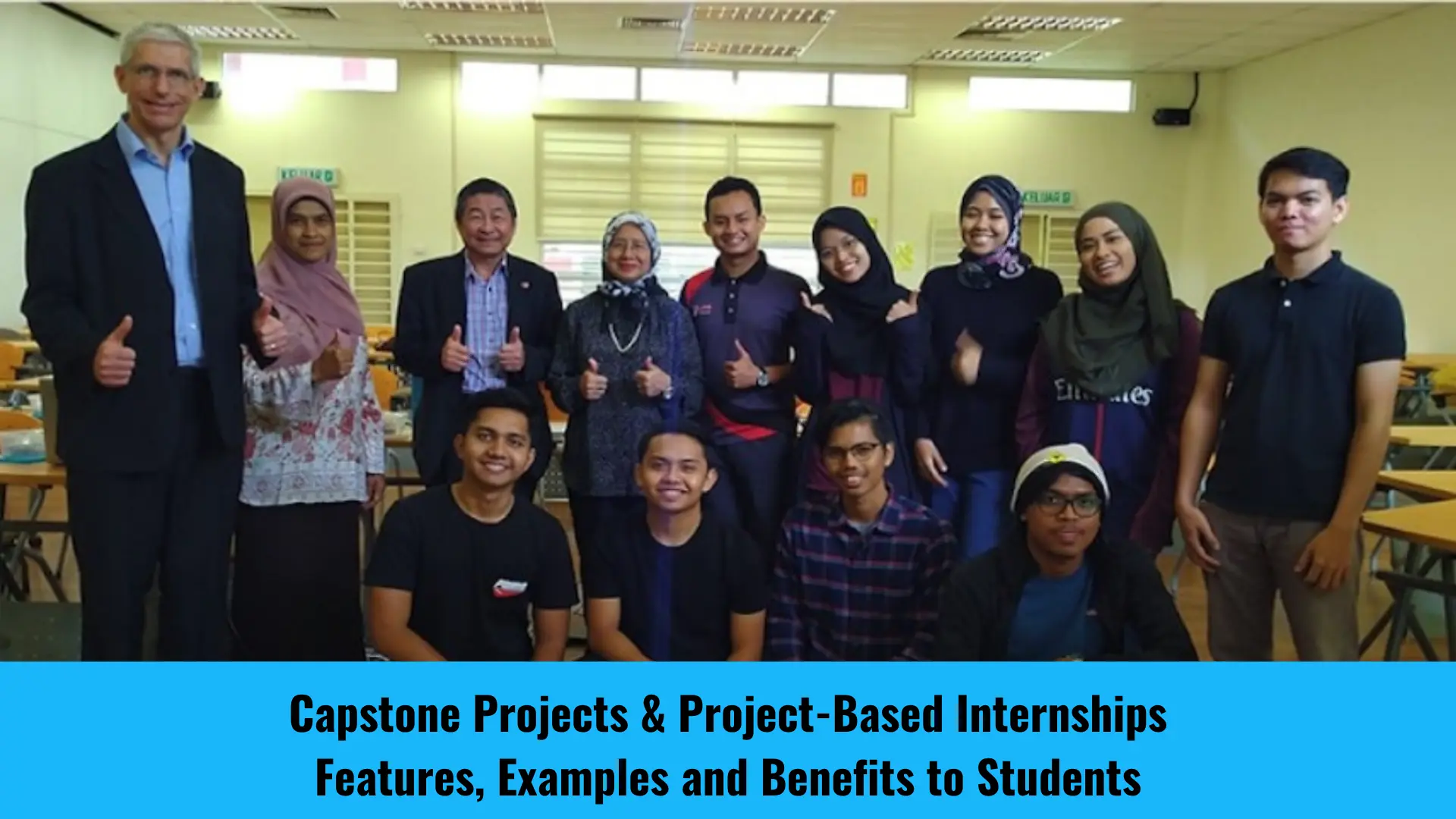 A group of a CareerDC-facilitated capstone project students with industry supervisor and academic supervisors in a classroom posing for a group photo.